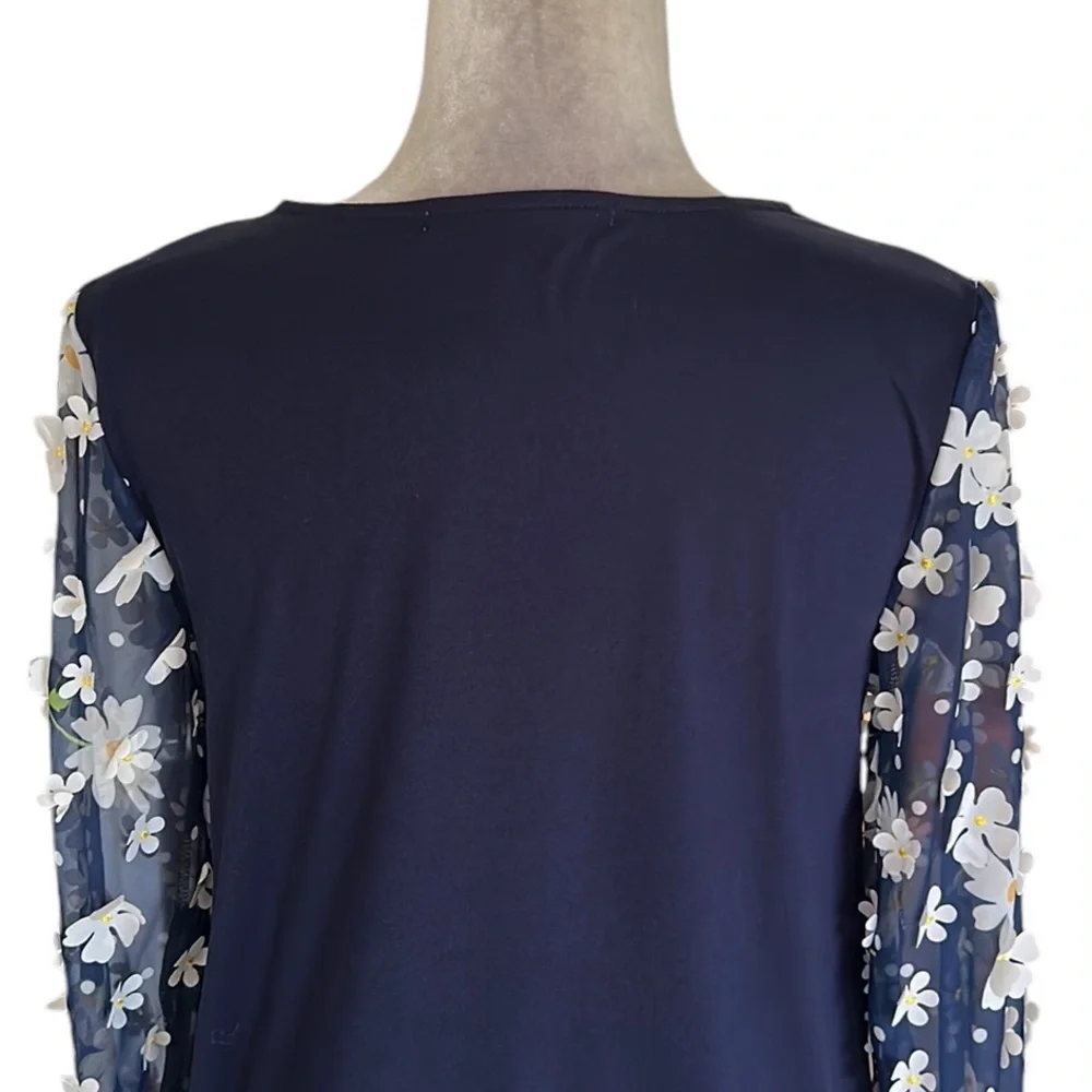 Anthropologie Eva Franco Becky Navy Blue White Daisy Appliqué Top - XS
